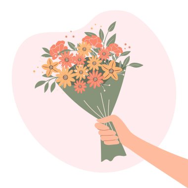 El ele tutuşan bir buket çiçek. Çiçek buketi elinde. Çizim düz biçimli.