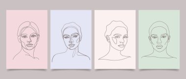 İçinde güzel genç kadınların soyut modern portreleri olan posterler. Çizgi çalışması. El çizimi illüstrasyon.