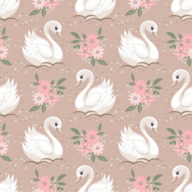 Bej arkaplanda küçük kuğular ve çiçekler olan kusursuz bir desen. Bebek odası dekorasyonu için güzel bir arka plan. Yazdır