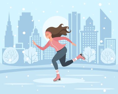 Kış manzarasının arka planında kayan kız. Kış sporu, açık hava sporları. Düz Çizim