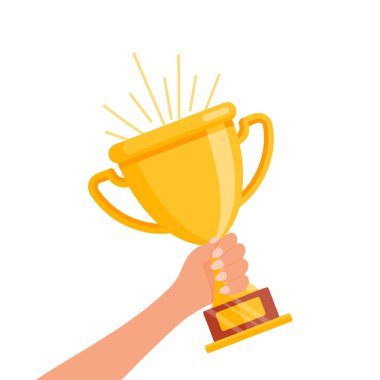 Elinde altın bir kupa var. Kazanan sembolü. Çizim düz biçimli.