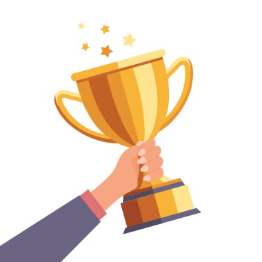 Elinde altın bir kupa var. Kazanan sembolü. Çizim düz biçimli.