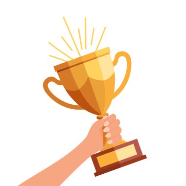 Elinde altın bir kupa var. Kazanan sembolü. Çizim düz biçimli.