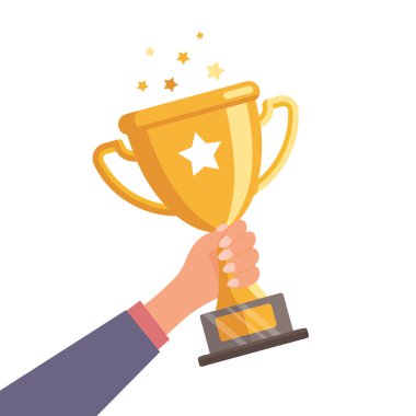 Elinde altın bir kupa var. Kazanan sembolü. Çizim düz biçimli.