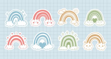 Retro doodle tarzı gökkuşağı seti. Tatlı pastel gökkuşağı çıkartmaları, hatıra defteri simgeleri. Asgari soyut sanat.