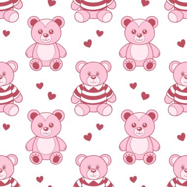 Sevimli oyuncak ayıların ve kalplerin kusursuz deseni. Pembe peluş oyuncak baskısı. Çocuk geçmişi