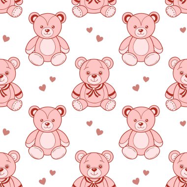 Sevimli oyuncak ayıların ve kalplerin kusursuz deseni. Pembe peluş oyuncak baskısı. Çocuk geçmişi