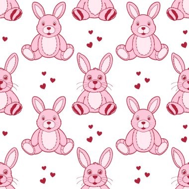 Tatlı pelüş tavşanların ve kalplerin kusursuz deseni. Pembe peluş oyuncak baskısı. Çocuk geçmişi