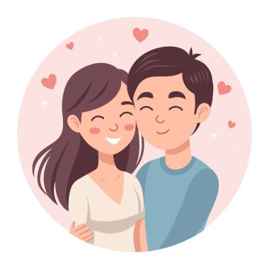 Sevimli mutlu aşk çifti. Aşk, romantizm, flört konsepti. Sevgililer Günü tebrik kartı. Düz biçim illüstrasyonu.