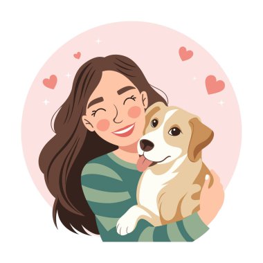 Sevimli genç bir kadın köpeğe sarılıyor. Hayvan sahibi. Köpek sever. Düz biçim illüstrasyonu.