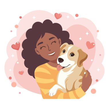Sevimli genç bir kadın köpeğe sarılıyor. Hayvan sahibi. Köpek sever. Düz biçim illüstrasyonu.