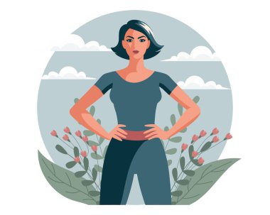 Gökyüzünde kendine güveni olan çiçekli bir kadın. Feminizm ve eşitlik kavramı. Düz Çizim