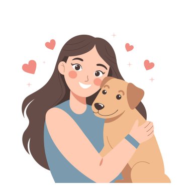 Sevimli genç bir kadın köpeğe sarılıyor. Hayvan sahibi. Köpek sever. Düz biçim illüstrasyonu.