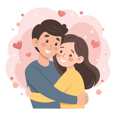 Hoş bir çift kucaklaşması. Aşk, romantizm, flört konsepti. Sevgililer Günü tebrik kartı. Düz biçim illüstrasyonu.