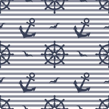 Çapaları, martıları, çizgili arka planda direksiyonları olan kusursuz bir deniz şablonu. Arkaplan, yazdırma