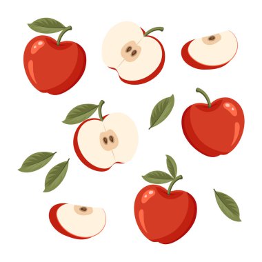 Beyaz arkaplanda yaprakları olan kırmızı elmalar. Tam, yarısı ve olgun sulu meyve dilimleri. Yaz hasadı. Görüntü