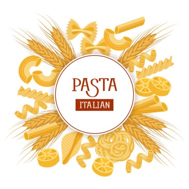 Farklı türde makarna ve buğday kulaklı yuvarlak çerçeve. İtalyan makarna seti, etiket, restoran menüsü, geçmiş. Yemek illüstrasyonu.