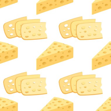 Beyaz arka planda peynir parçaları olan pürüzsüz bir desen. İsviçre peyniri arka planı. Süt ürünleri çizimi