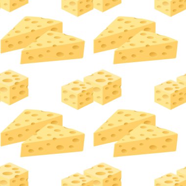 Beyaz arka planda peynir parçaları olan pürüzsüz bir desen. İsviçre peyniri arka planı. Süt ürünleri çizimi