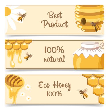 Arı, papatya ve bal peteği olan organik doğal bal arısı afişleri. Arı ve bal petekli pankartlar. Görüntü. 