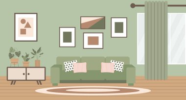 Oturma odasının içi kanepe, kitaplık, sehpa, ev bitkileri ve resim çerçeveleriyle dolu. Modern tasarım, düz stil illüstrasyon.