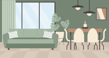 Oturma odasının içinde kanepe, masa ve sandalyeler, ev bitkileri, pencere ve resim çerçeveleri var. Modern tasarım, düz stil illüstrasyon.
