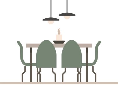 Oturma odasının içinde sandalyeler ve masa var. Düz çizim. Modern minimalist yemek odası
