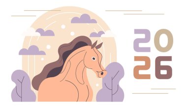 Yeni yılda doğada soyut at ve 2026 numaralarla mutlu yıllar. At Yılı. Modern tebrik kartı. Görüntü