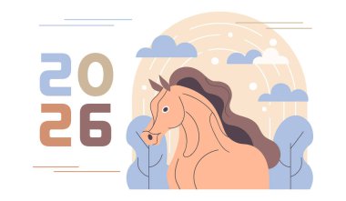 Yeni Yıl 2026 'nız kutlu olsun. Doğada soyut bir at var. At Yılı. Modern tebrik kartı. Görüntü