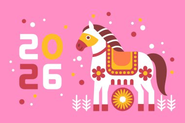 Yeni yıl 2026 doğasında şirin bir at var. At Yılı. Modern tebrik kartı. Pop Sanatı İllüstrasyonu