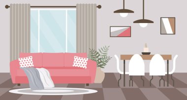 Oturma odasının içinde pembe kanepe, masa ve sandalyeler, ev bitkileri, pencere ve resim çerçeveleri. Modern tasarım, resimleme.