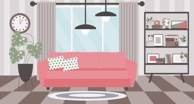 İçerisi pembe kanepe, kitaplık, ev bitkileri, pencere ve resim çerçeveleriyle dolu. Modern tasarım, resimleme