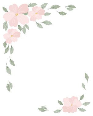 Üzerinde pembe çiçekler ve beyaz arka planda yeşil yapraklar olan düğün davetiyesi. Doğum günü için tasarım, yıldönümü