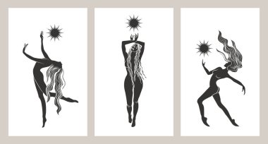 Beyaz arka planda güneşin sembolü olan dans eden kadınların siluetleri. Bir dizi mistik poster. Duvar sanatı, duvar dekoru. 