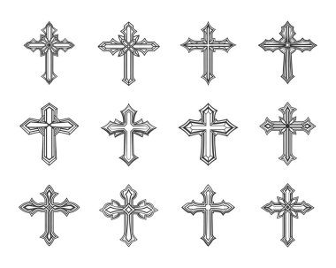 Hıristiyan haçları seti. Dekoratif haç din sembolü. Ortodoks inanç kilisesi ikonu tasarımı. Görüntü.