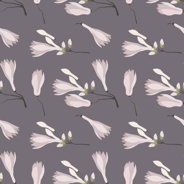 Gri arka planda narin manolya çiçekleri olan kusursuz bir desen. Çiçek deseni. Düz biçim illüstrasyonu.