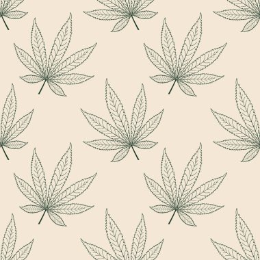 Esrar yaprağı arka planı. Marihuana eskiz bırakır. Kenevir yapraklarının kusursuz deseni. Görüntü.