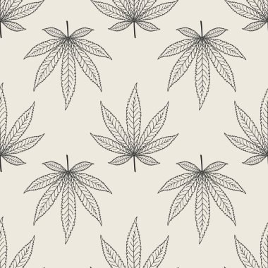 Esrar yaprağı arka planı. Marihuana eskiz bırakır. Kenevir yapraklarının kusursuz deseni. Görüntü.