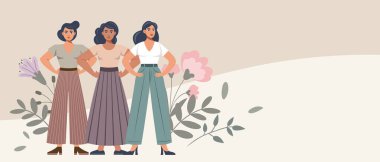 Çiçekli arka planda kendine güvenen kadınlar. Feminizm ve eşitlik kavramı. Düz Çizim.