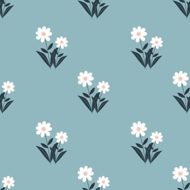 Papatya çiçekleri ve yapraklarıyla kusursuz desen. Pastel renklerde basit çiçek arkaplanı, duvar kağıdı.