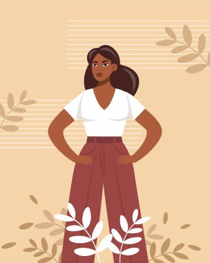 Çiçek arkaplanda kendine güvenen bir kadın. Eşitlik ve feminizm kavramı. Düz biçim illüstrasyonu.