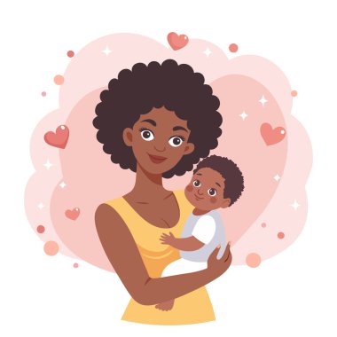 Güzel siyah anne ve çocuk. Sevgi dolu anne, tapılası bebeğini kollarında tutuyor. Mutlu aile çizimleri.