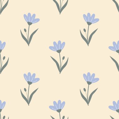 Bej arka planda mavi çiçekli kusursuz çiçek deseni. Pastel renklerde basit çiçek arkaplanı, duvar kağıdı.