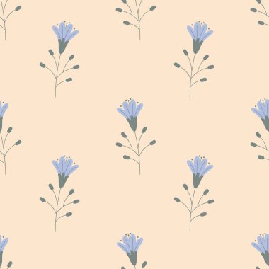 Bej arka planda mavi çiçekli kusursuz çiçek deseni. Pastel renklerde basit çiçek arkaplanı