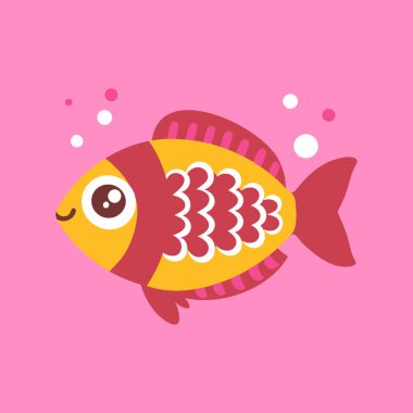 Kabarcıkları ve pembe arka planı olan şirin bir balık. Elbise ve kartpostal için parmak izi. Düz Çizim.