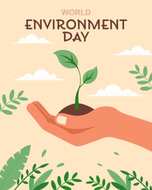 Dünya Çevre Günü afişi. Çevre korumasını sembolize eden büyüyen bir bitkinin elini tutmak. Görüntü.