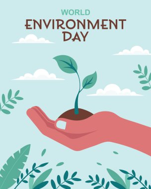 Dünya Çevre Günü afişi. Çevre korumasını sembolize eden büyüyen bir bitkinin elini tutmak.