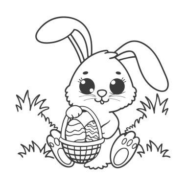 Paskalya tavşanı ve tarlada bir sepet yumurta. Çizim, bir çocuk boyama kitabı için çizim.