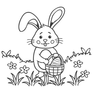 Çiçek tarlasında bir sepet yumurta taşıyan Paskalya tavşanı. Çizim, bir çocuk boyama kitabı için çizim.