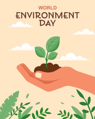 Dünya Çevre Günü afişi. Büyüyen bir bitki, çevresel koruma. Düz biçim illüstrasyonu.